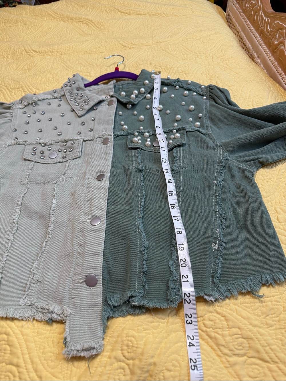 H207 POL L pp22 Two-Tone Olive & Sage Pearl-Studded Denim Jacket Top - Picture 8 of 10